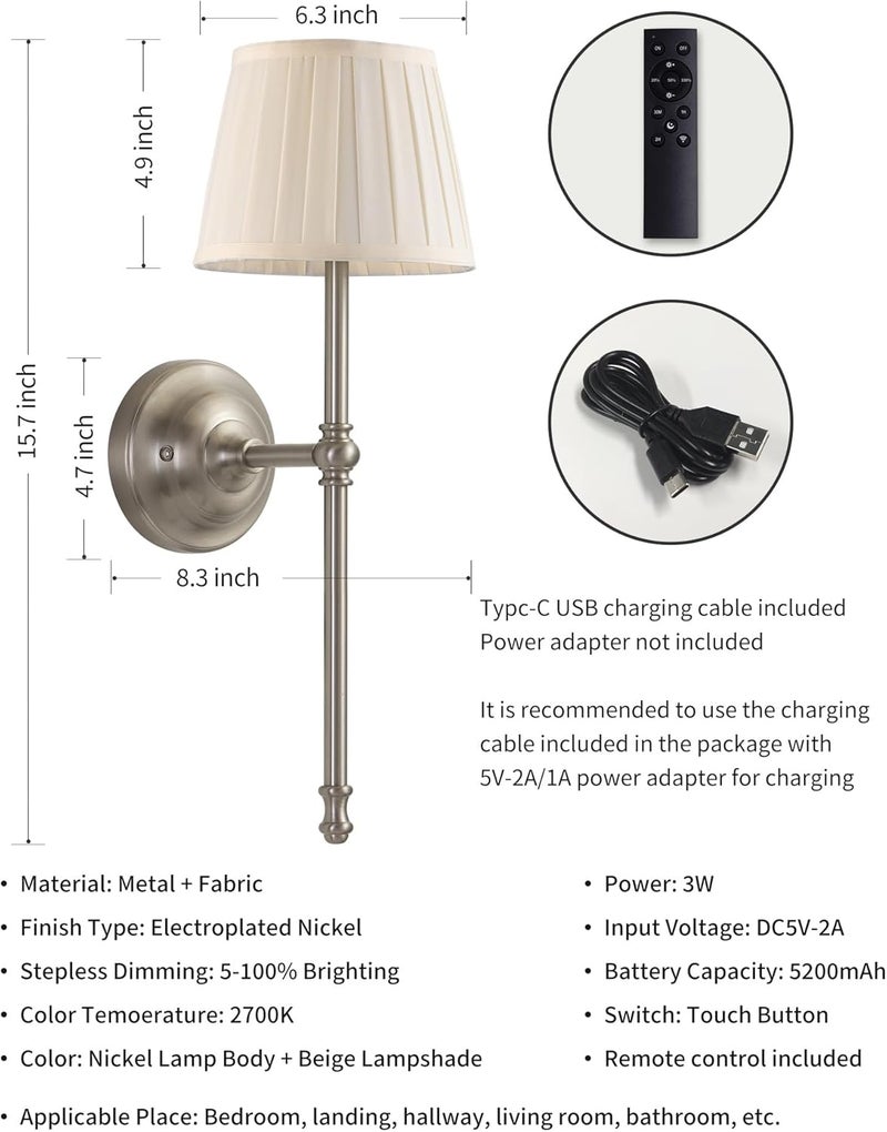KDG Cordless Wall Sconces Set of 2, Small Wireless 5200mAh Rechargeable Battery Fabric LED Wall Lamps, Portables Lightings for Wall Painting, Living Room, Bedroom, Hallway, Gifts, Night Light (Nickel) - Image 5